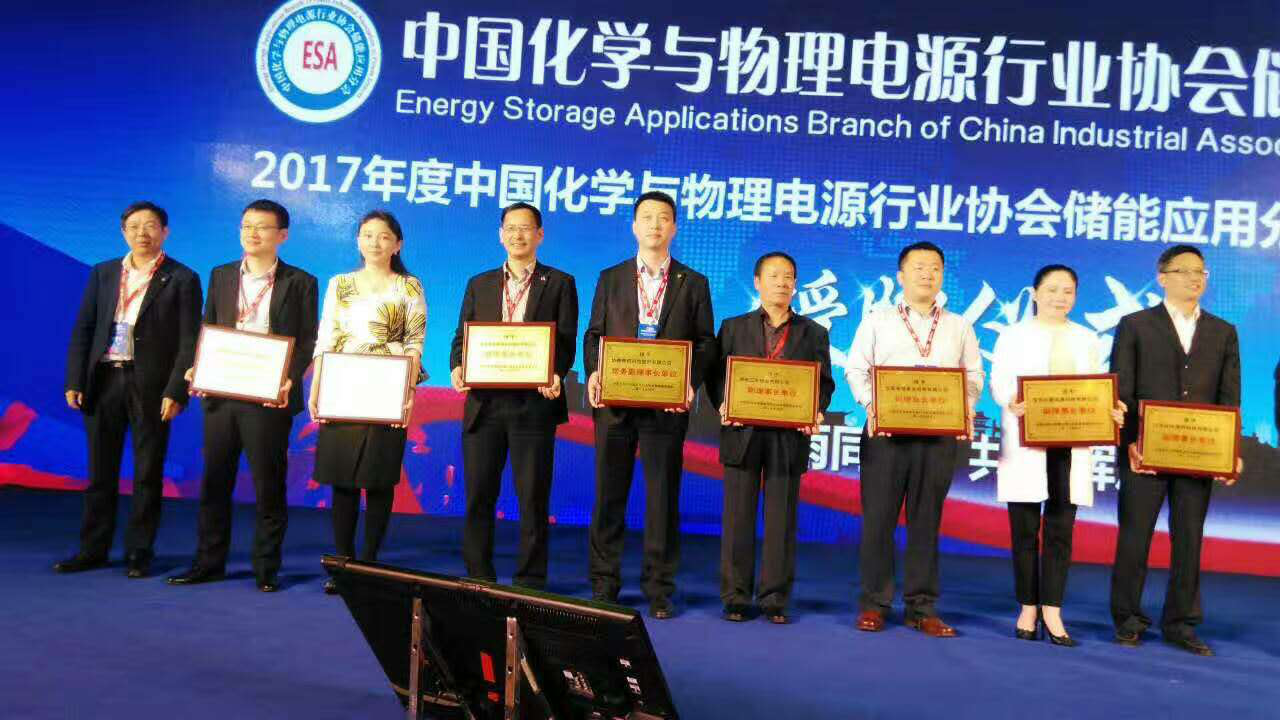 仟億達集團總裁王元圓（左3）上臺領(lǐng)取中國化學與物理電源行業(yè) 協(xié)會儲能應(yīng)用分會副理事長單位牌匾